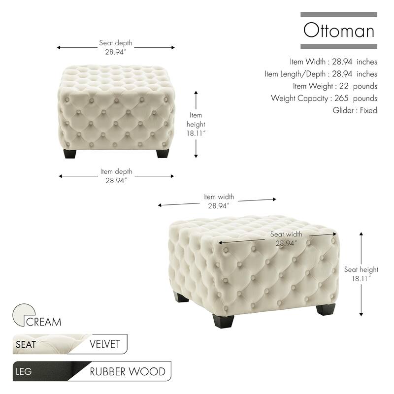 Porthos Home Emmi Velvet Button Tufted Square Ottoman with Rubberwood Legs