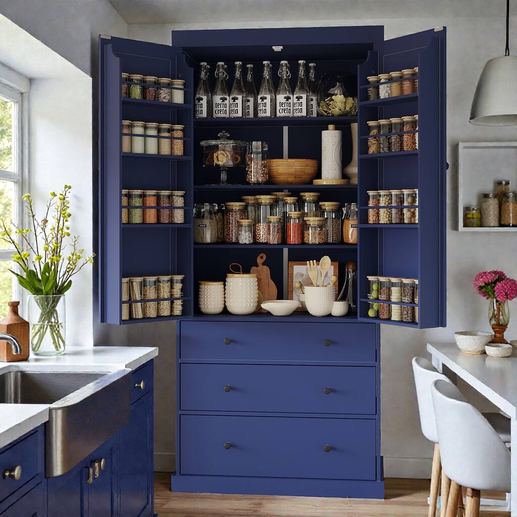 77 Inch Farmhouse Kitchen Pantry Cabinet with Drawers and Door Shelves, Freestanding Tall Storage