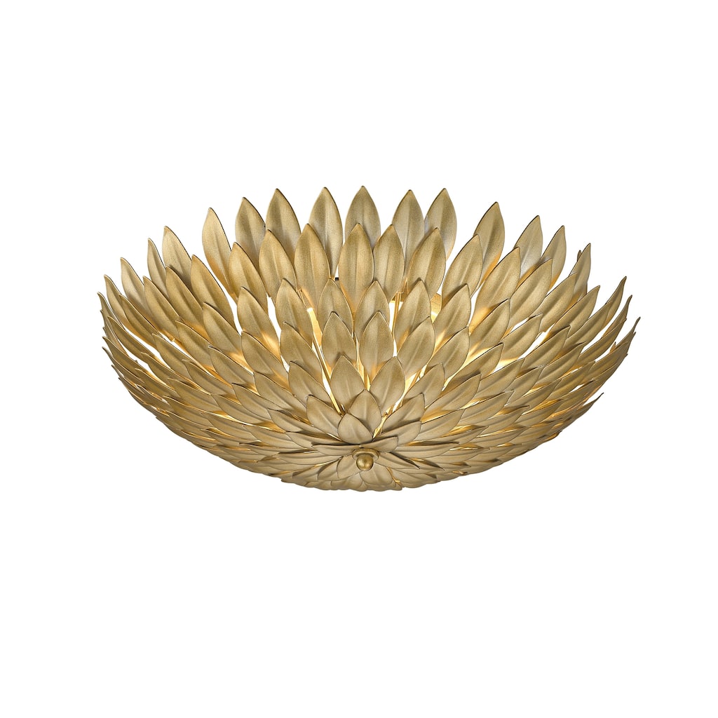3 Light Gold Leaf Round Metal Frame Flush Mount