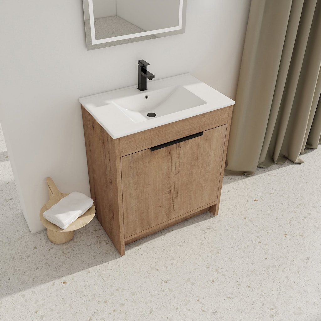30 Inch Plywood Freestanding Bathroom Vanity Set with Integrated Ceramic Basin and Doors