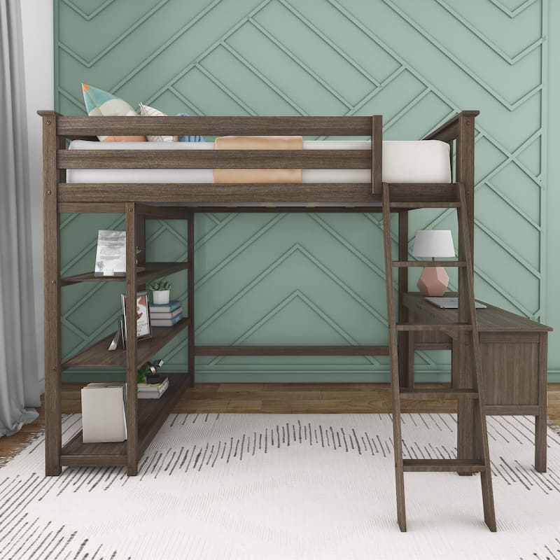 Full-Size High Loft Bed With Bookcase and Desk