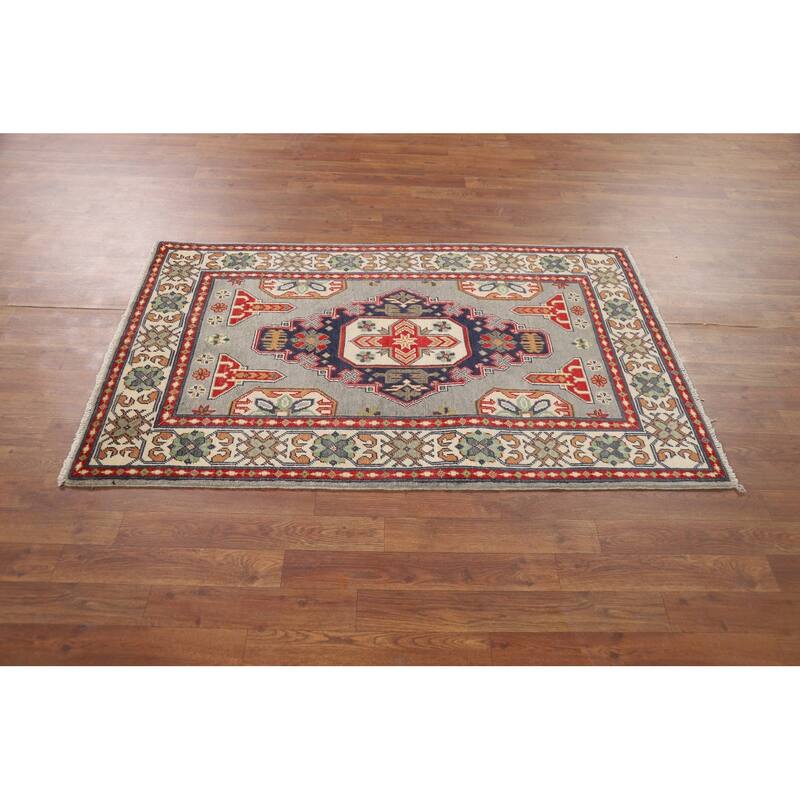 Traditional Grey Kazak Foyer Rug Hand-Knotted Wool Carpet - 3'2" x 4'11"