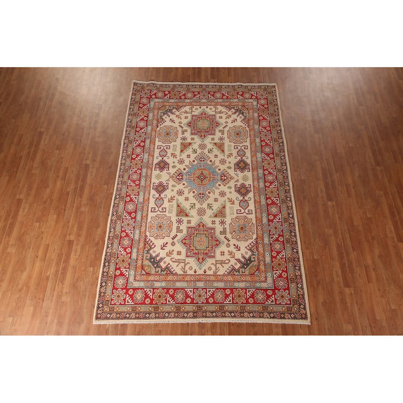 Geometric Kazak Oriental Area Rug Handmade Yellow Wool Carpet - 6'10" x 10'7"