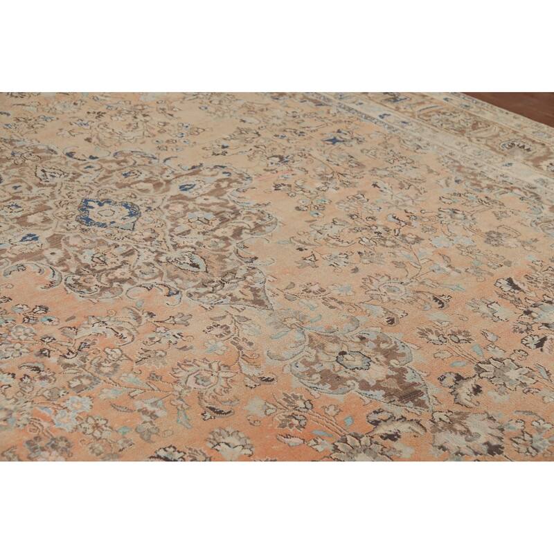 Orange Traditional Mashad Persian Vintage Rug Hand-Knotted Wool Carpet - 9'7"x 13'4"