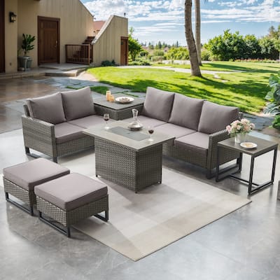 Patio Sofa Ottoman Table with Fire Pit Table - Grey cushion