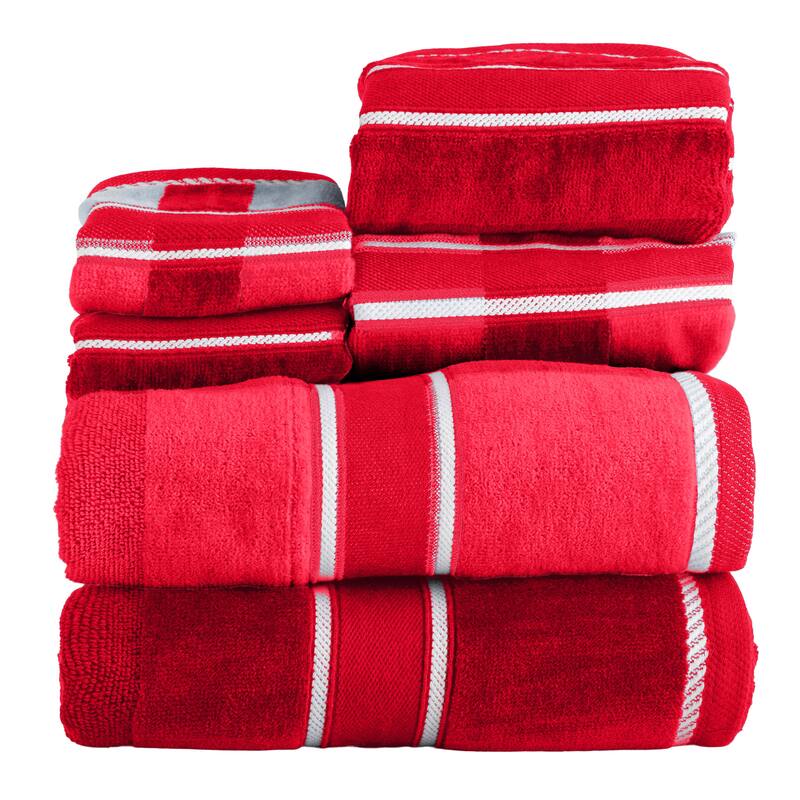 6PC Towel Set - Absorbent Cotton Bathroom Accessories Solid and Striped Towels by Windsor Home - Red
