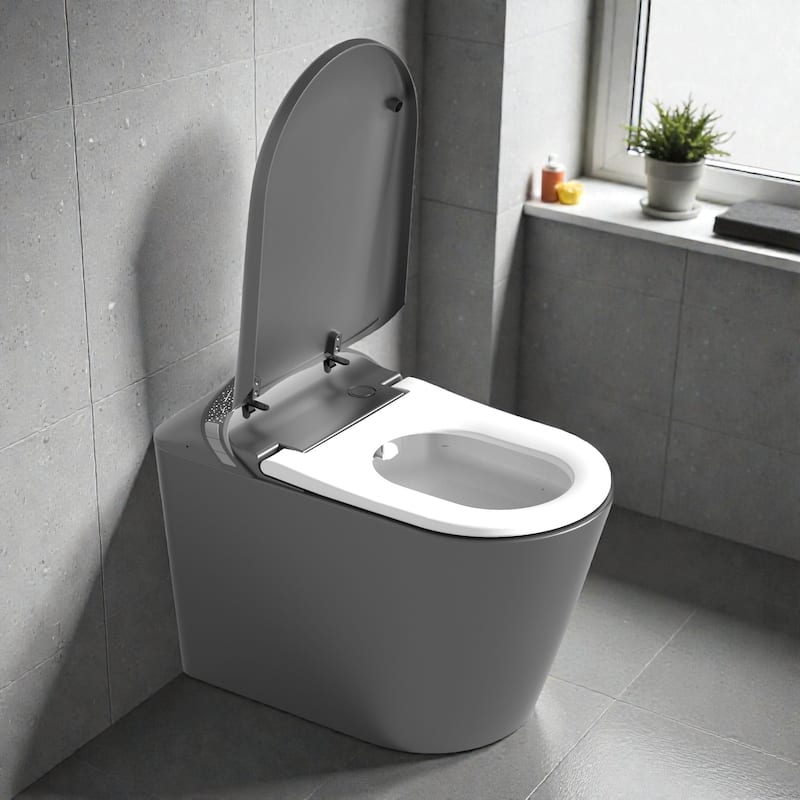 Elongated Smart Toilet with Built In Bidet. Tankless Design. Auto Open Close Seat. Foot Sensor. Warm Water Dryer