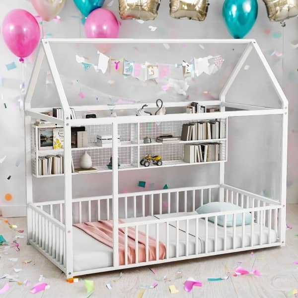 slide 2 of 36, Space-Saving Twin Size Kids Bed House Bed with Fence and Shelves White