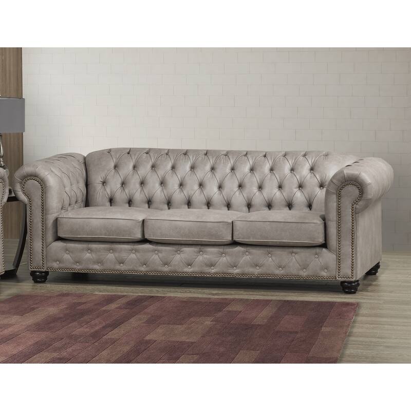 Heston Tufted Light Grey Faux Leather Chesterfield Sofa and Chair Set