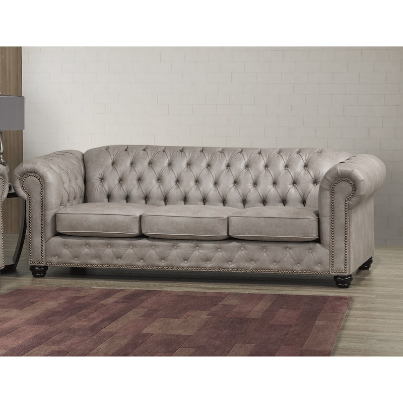 Heston Tufted Light Grey Faux Leather Chesterfield Sofa