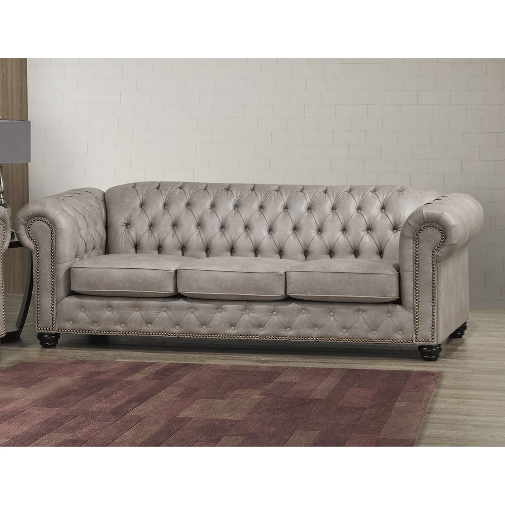 Heston Tufted Light Grey Faux Leather Chesterfield Sofa
