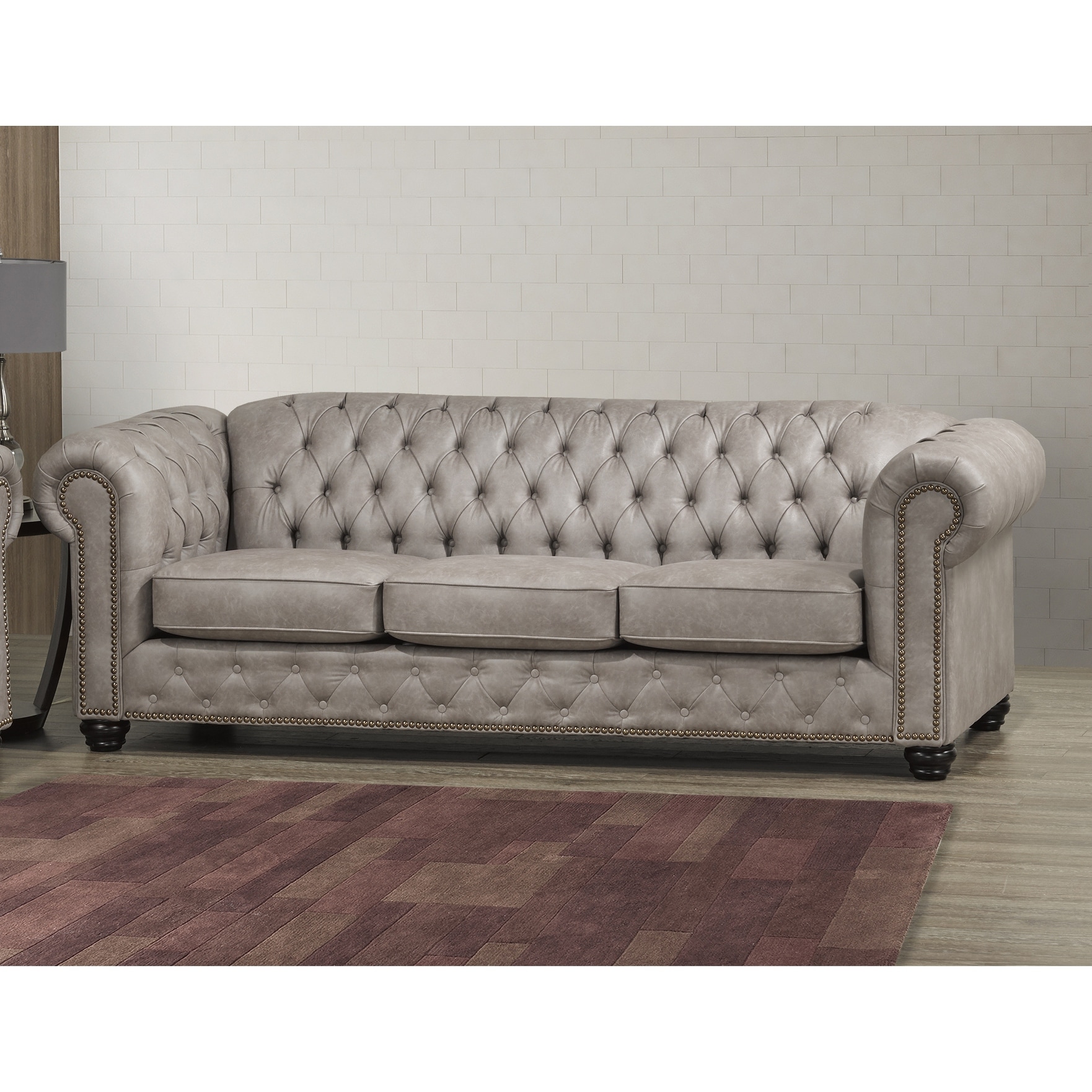 Heston Tufted Light Grey Faux Leather Chesterfield Sofa