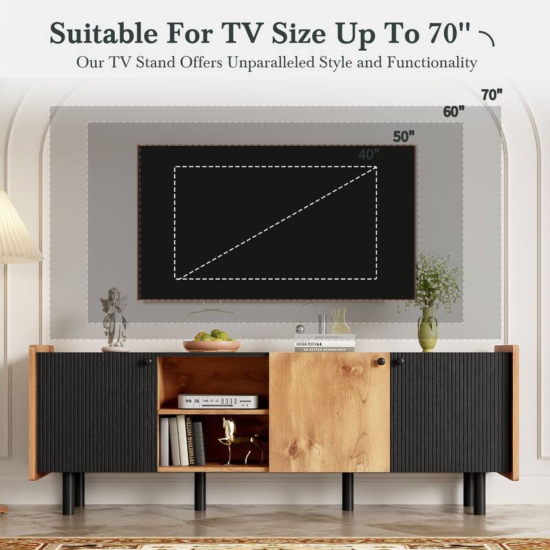 61" Mid Century Modern TV Stand, Media Console with 3 Cabinets and Open Shelves for TVs Up to 70"
