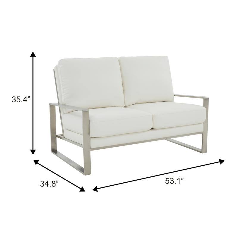 Jefferson Modern Leather Loveseat with Brushed Silver Stainless Steel Base, Removable Cushions, Sinuous Springs, Fully Assembled