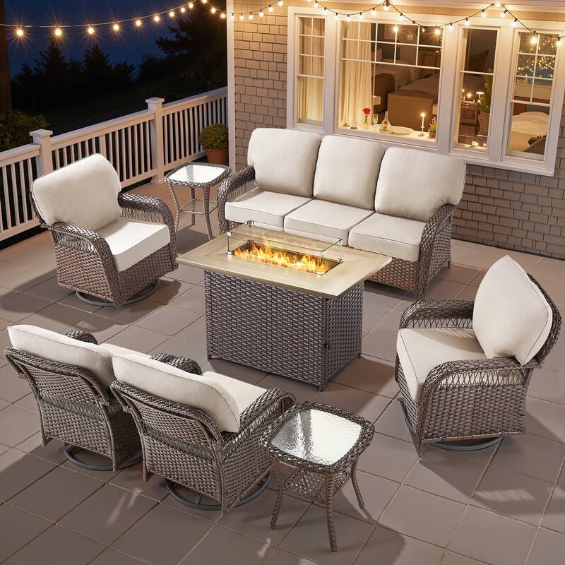 Pocassy Patio Sofa Ottoman Swivel Chair Table with Fire Table Funiture Set. - Brown Wicker Beige Cushion - 8-Piece Sofa Swivel Chair Table w/ Fie Pit Table