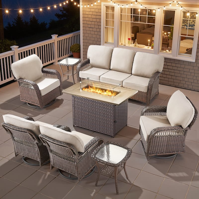 Pocassy Patio Sofa Ottoman Swivel Chair Table with Fire Table Set. - Brown Wicker Beige Cushion - 8-Piece Sofa Swivel Chair Table w/ Fie Pit Table
