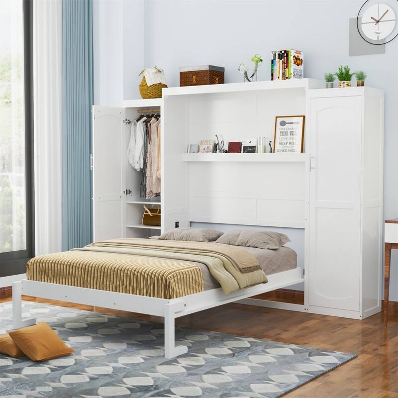 Wooden Murphy Bed Wall Bed with 2 Bulit-in Wardrobes, Full/Queen Size Foldable Murphy Cabinet Bed with Storage Shelves - Full - White