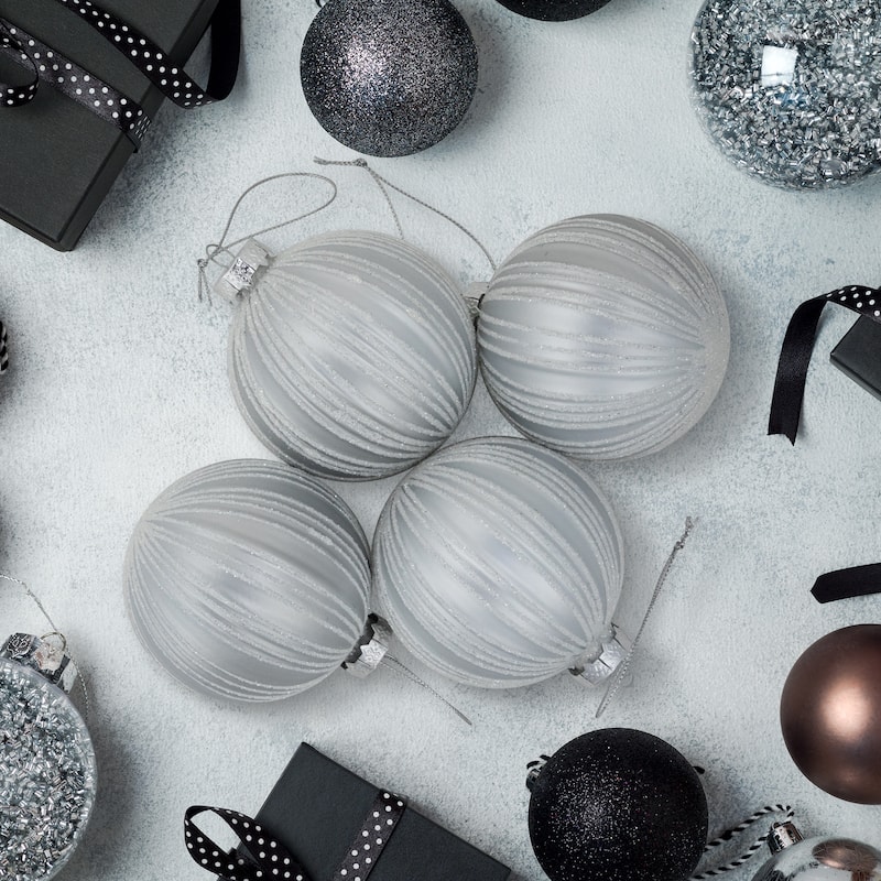 4ct Silver and White Glitter Striped Glass Ball Christmas Ornaments 3"