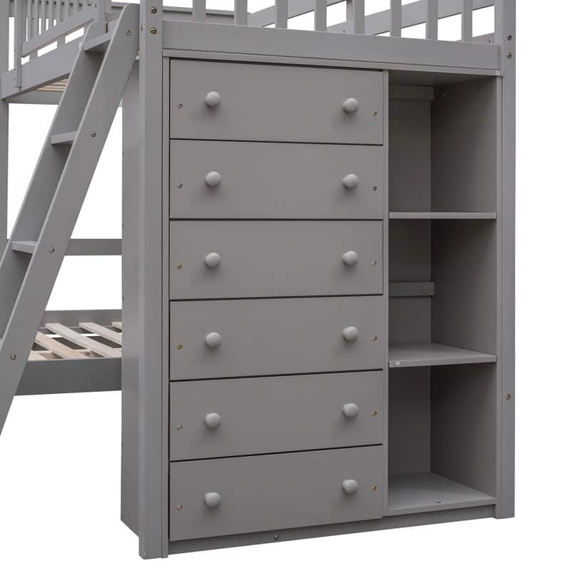 Twin Over Full Bunk Bed with 6 Drawers, Flexible Shelves and GuardRail