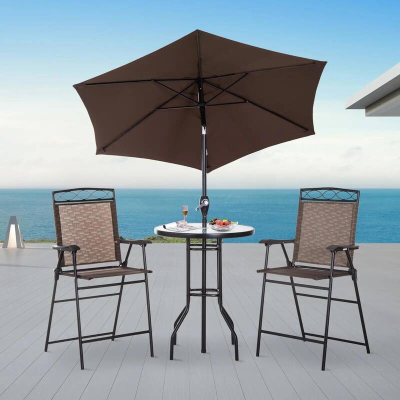 4PCS Patio Dining Set, Folding Chairs, Umbrella, Glass Table Outdoor