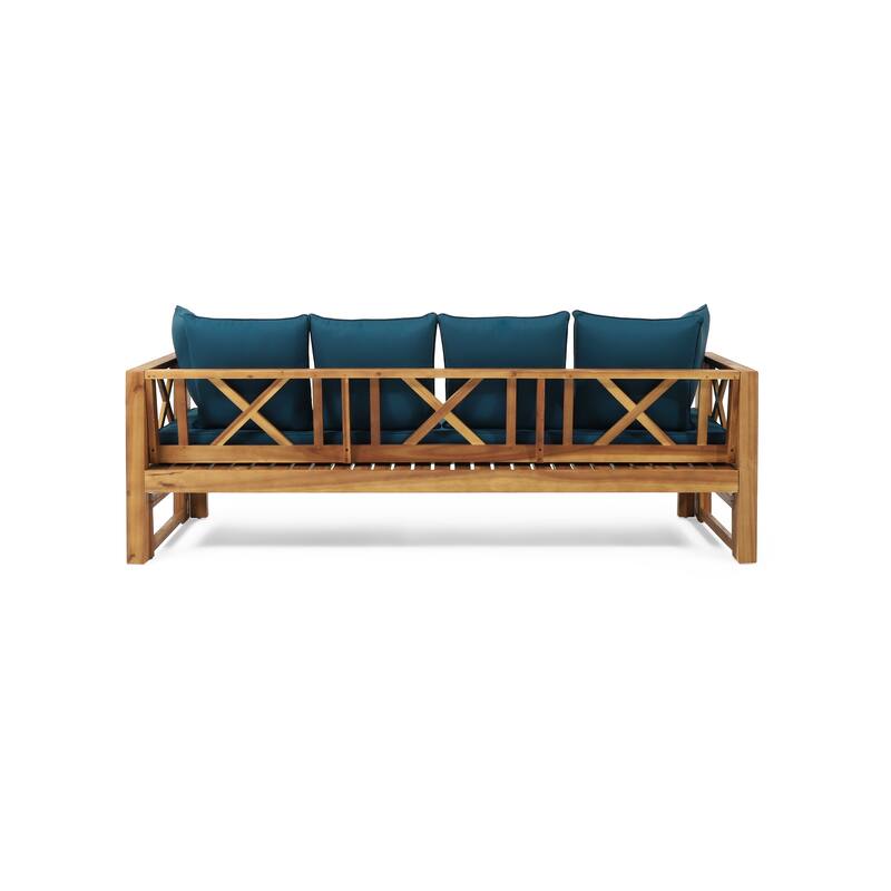 Outdoor 3-Seater Acacia Wood Sofa w/ Cushions, Extendable Patio Daybed