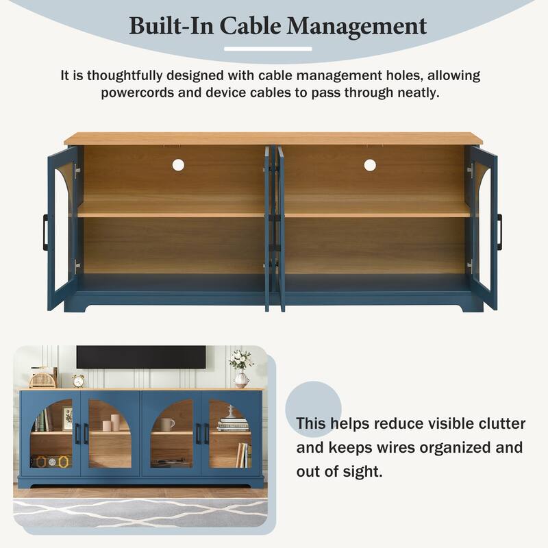 Farmhouse TV Stand for TVs up to 70" with Semi-Arched Glass Doors, Two-Tone Media Console with Adjustable Shelves