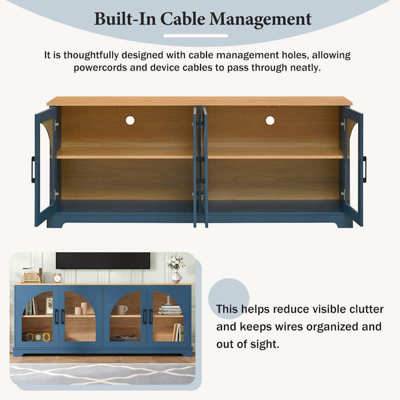Farmhouse TV Stand with Semi-Arched Glass Doors for TVs Up to 70",Adjustable Shelves,Wood Grain Sideboard with Cable Management