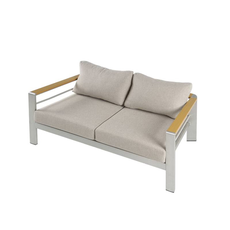 Roomfitters Cora Outdoor Aluminum Loveseat Bench with Olefin Fabric Cushions, Silver and Beige
