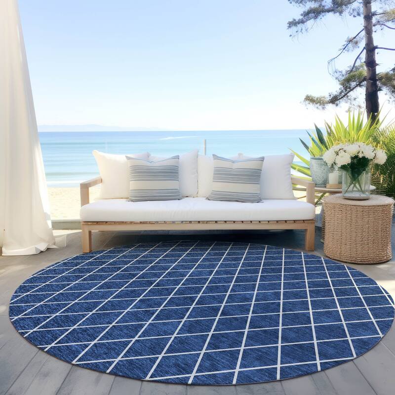 Machine Washable Indoor/ Outdoor Chantille Diamond Trellis Rug - Navy - 8' x 8'