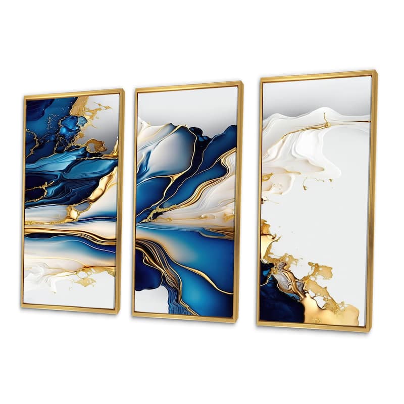 Designart "Abstract Geode Gold And Blue Marble Shape III" Modern Geometric Framed Canvas Art Print - 3 Panels