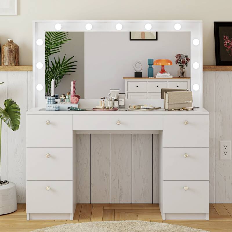 Boahaus Vanity Desk Glass Top with 7 Drawers & Lights Crystal knobs
