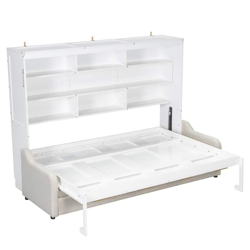 Murphy Cabinet Bed with Folding Sofa Built-in Storage Shelves and LED Light