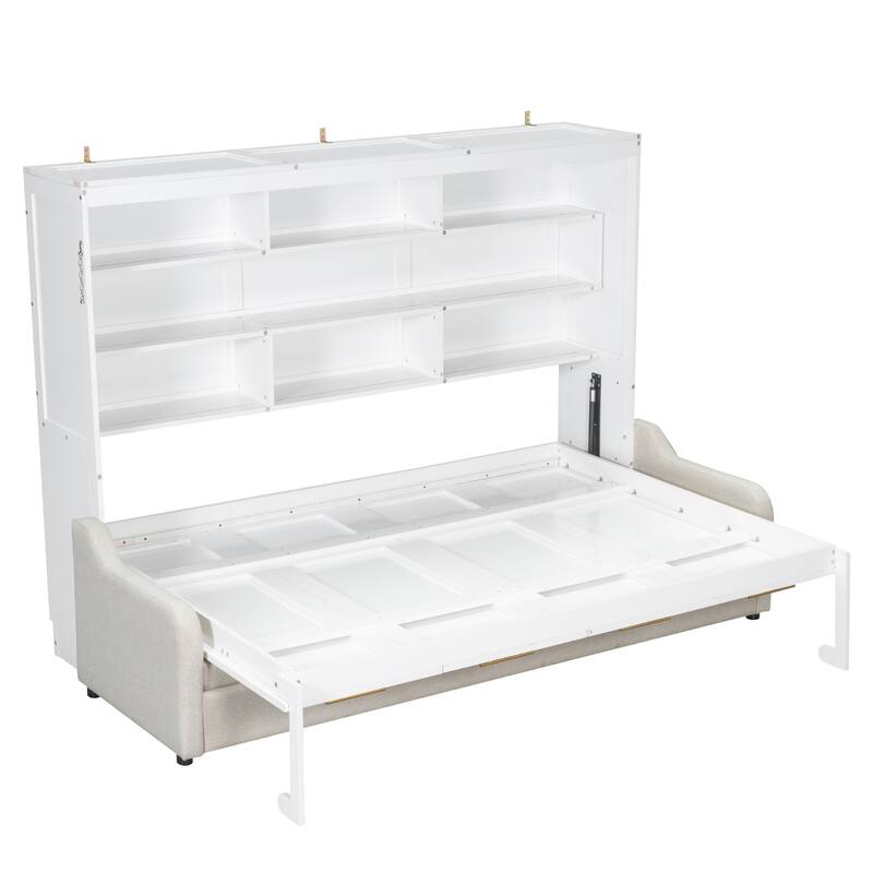 Roomfitters Murphy Cabinet Bed with Foldable Sofa, Built-in Storage Shelves and LED Lighting, Space-Saving Wall Bed, Beige