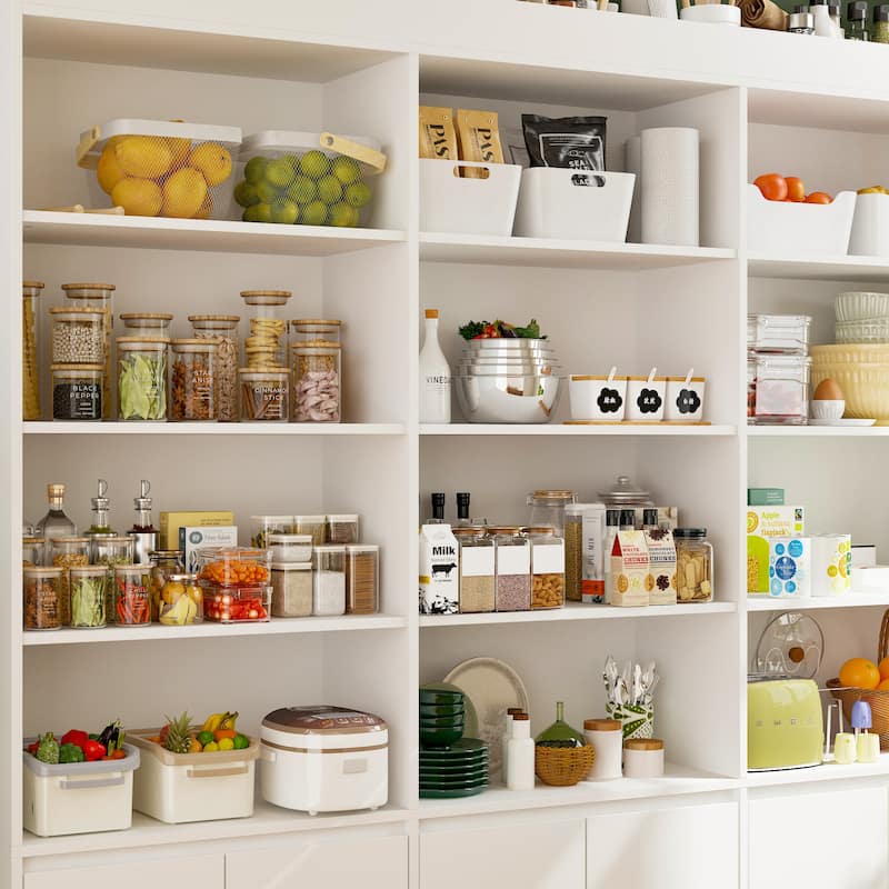 Pantry Large White Storage Cabinet 5-Door Bottom Cabinets & Open Display Shelving for Kitchen or Living Room