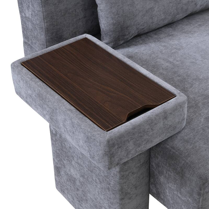 Modern Armchair Lounge Chair Sofa Chair with Built-In Storage, Wooden Table Armrest, Extra-Wide Seat
