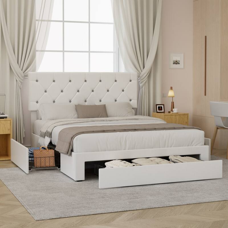 VECELO Bed Frame with Storage Drawers, Leather Upholstered with Diamond Tufted Headboard, Solid Wood Slat Support