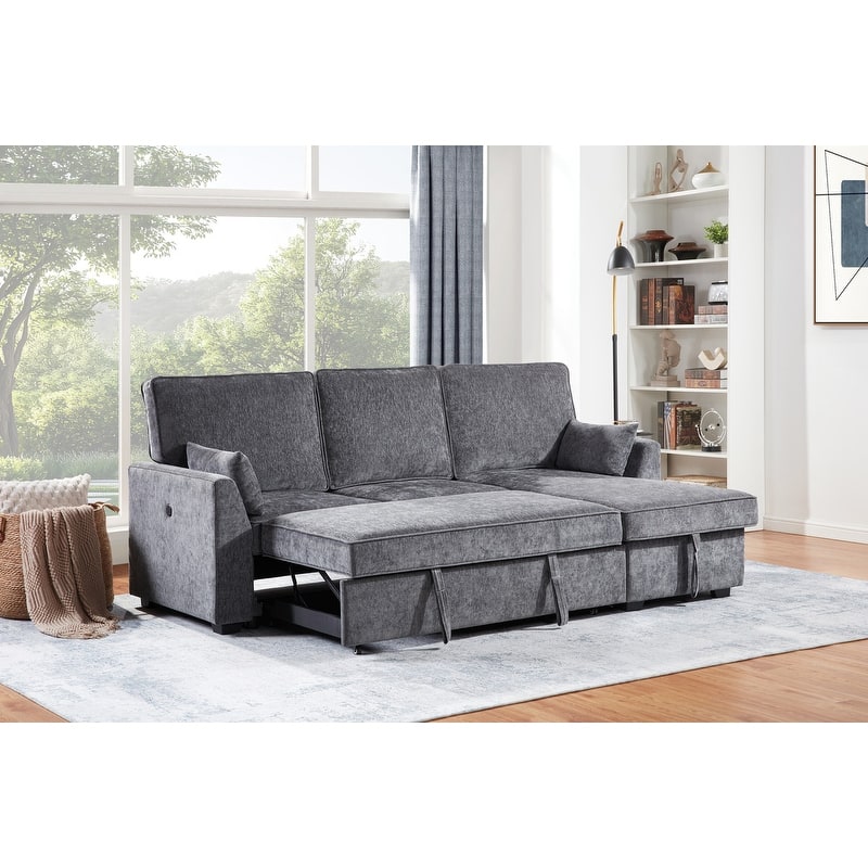 Emmy 89"W Dark Gray Fabric Sleeper Sectional Sofa with Reversible Storage Chaise, USB & USB-C Charging Ports, Cupholders