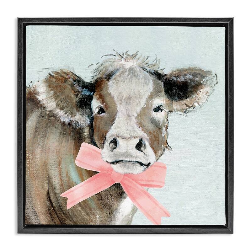 Stupell Cow with Pastel Ribbon Framed Floater Canvas Wall Art Design By Janet Tava - 18 x 18 - Black