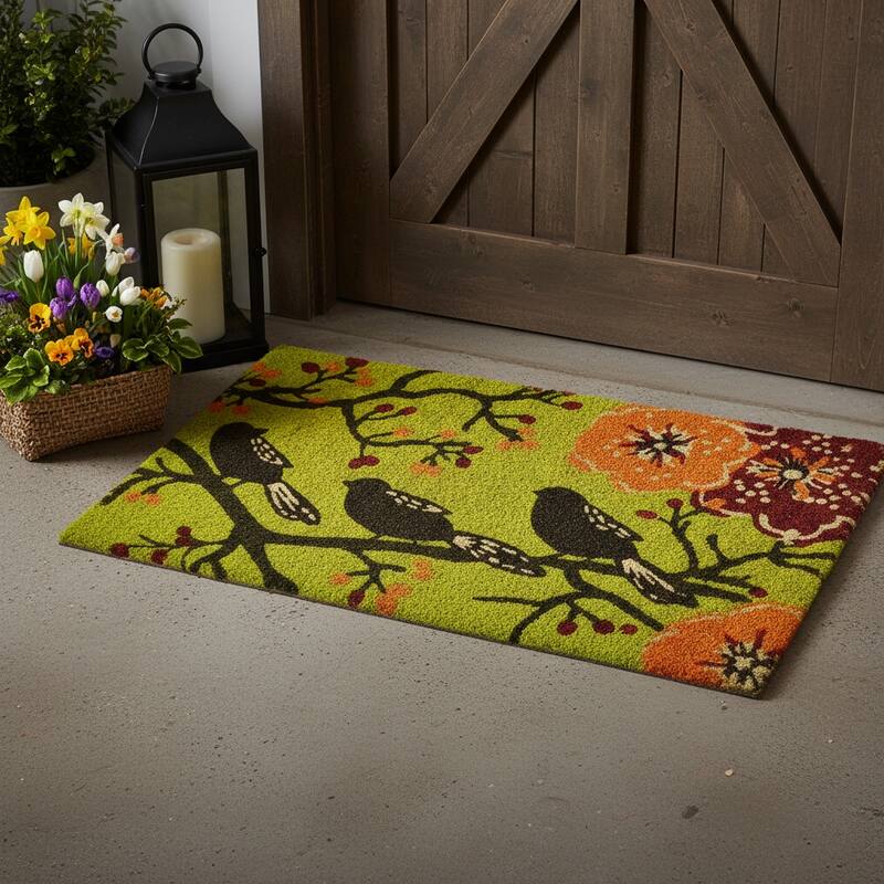 HomeRoots 17" X 29" Green Black And Orange Floral Birds Outdoor Coir Door Mat - 17.00' X '29.00 - 17.00' X '29.00