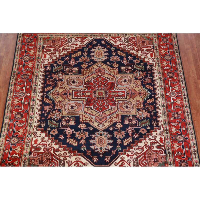 Hand Knotted Oriental 100% Wool Carpet Traditional Medallion Navy Blue & Blues Heriz (serapi) Area Rug - 9' 10'' X 8' 2''