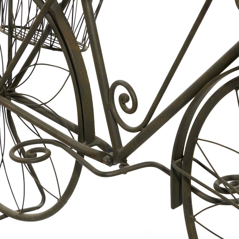 Brown Metal Indoor Outdoor Wire Floral Scrolled Bike Indoor Outdoor Plantstand with Basket and Saddle Bag Planters