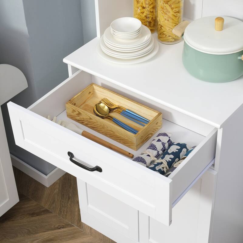 White Kitchen Pantry Cabinet with Glass Doors and Adjustable Shelves Drawer and Counter Space - 23.5" W x 15" D x 63.5" H