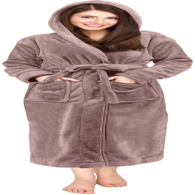 Women's Fleece Hooded Bathrobe Plush - Taupe