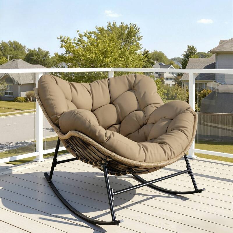 FINCATI Indoor Outdoor Royal Papasan Rocking Chair, 450 lbs Capacity Outdoor Papasan Rocking Chair with Padded Cushion - 1 PC-Brown