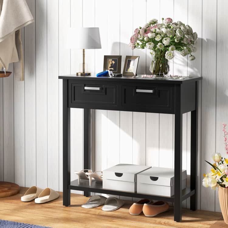 Wooden Console Table with 2 Drawers and Open Storage Shelf for Hallway
