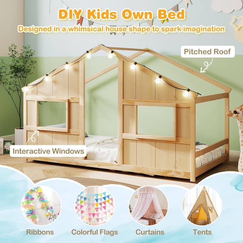 Twin Size Kids Floor Bed with LED Lights and Solid Wooden Montessori House Design