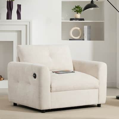 42" Wide Seat Chenille Armchair - Dual USB Ports, Pull-Line Tufted Design & High-Density Foam Cushion