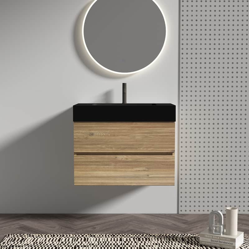 GDFStudio - Grace Wall-Mounted Bathroom Vanity with Engineered Quartz Sink & Soft Close Drawers, without Drainage and Faucet - 30" - Oak+Black