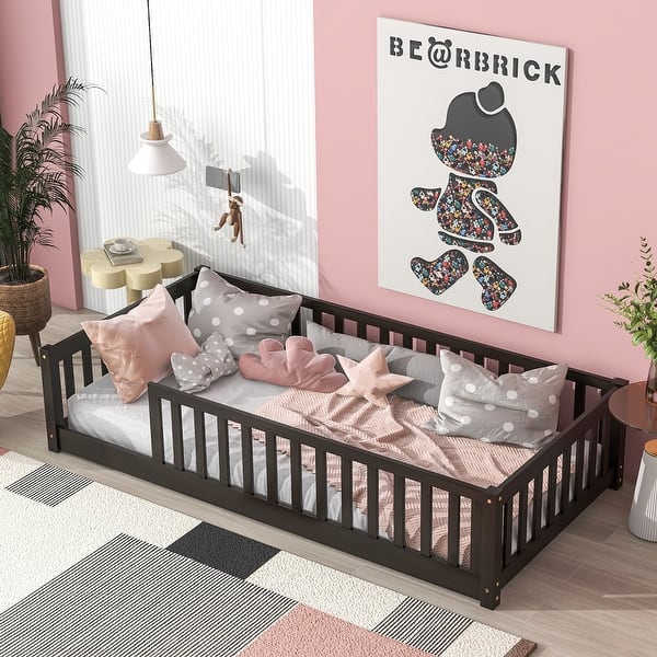 slide 2 of 86, Montessori Twin Size Toddler Floor Bed with Fence without Door, Open-row Design Wood Frame Platform Bed with Safety Guardrails Espresso - Twin