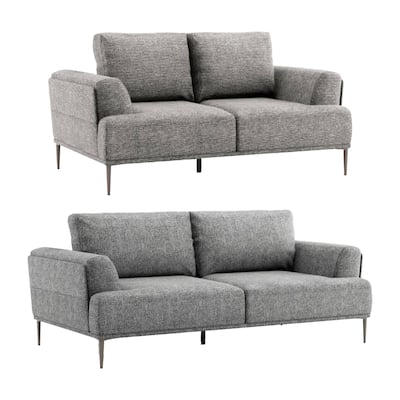 Batty 2pc Sofa and Loveseat Set, Modern Gray Chenille, Adjustable Back